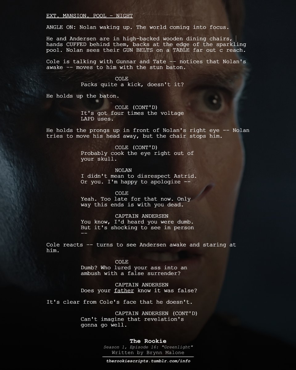 rookie_scripts's tweet image. Captain Andersen dies. (As Seen)

— THE ROOKIE
Season 1, Episode 16: “Greenlight”
Written by Brynn Malone

#TheRookie #TheRookieScripts