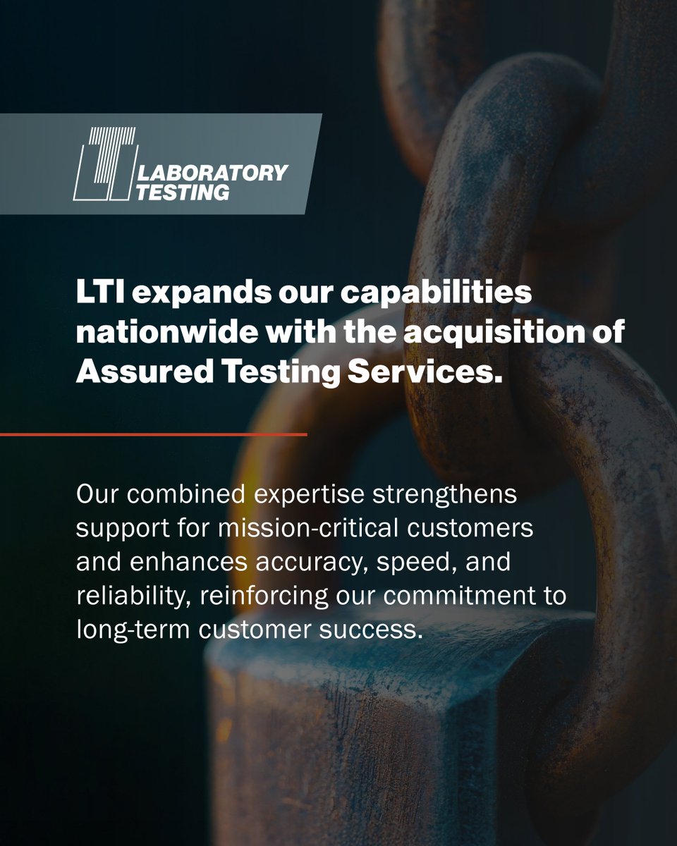 labtesting's tweet image. Laboratory Testing has acquired Assured Testing Services, expanding our capabilities and nationwide reach.

This partnership strengthens our ability to support mission critical customer needs with even greater accuracy and reliability.

Full press release:
hubs.ly/Q03Vdkhb0
