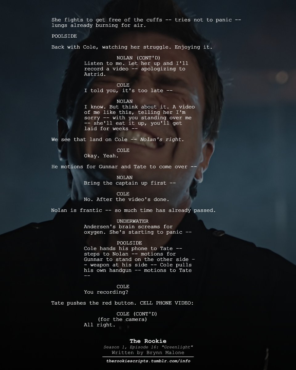 rookie_scripts's tweet image. Captain Andersen dies. (As Seen)

— THE ROOKIE
Season 1, Episode 16: “Greenlight”
Written by Brynn Malone

#TheRookie #TheRookieScripts