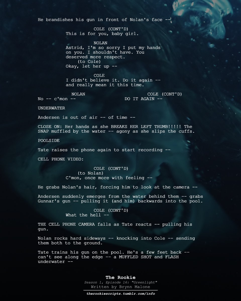 rookie_scripts's tweet image. Captain Andersen dies. (As Seen)

— THE ROOKIE
Season 1, Episode 16: “Greenlight”
Written by Brynn Malone

#TheRookie #TheRookieScripts