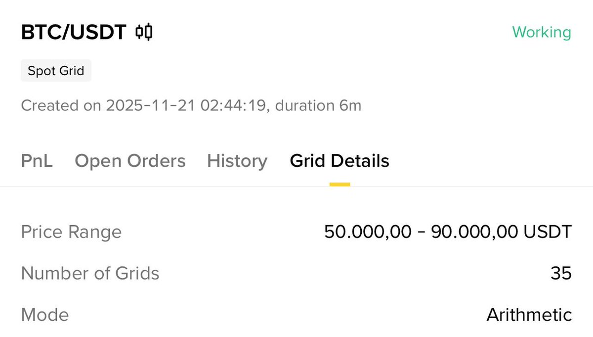 kaptencrypto707's tweet photo. Saya barusan pakai sebagian dana cadangan buat buka bot spot grid Bitcoin.

Loh kap katanya nunggu analis asing dulu baru nanti buy gimana sih?

Tunggu dulu dengar dulu penjelasan saya ini cara pintar wkwkw.

Analis asing kan bilang kalau Bitcoin target jatuhnya ke 60k, terus saya mikir gimana kalau ga kesitu misalnya baru ke 70k terus mantul lagi ke ath?

Makanya saya pakai cara pintar yakni saya pakai bot spot grid Bitcoin, saya buka dengan range $50,000-90,000 dengan 35 grid di harga Bitcoin sekarang $87,000.

Seandainya Bitcoin turun ke $50,000 saya bakal end bot disitu dan semua Bitcoin yang sudah bot beli bakal saya hold.

Ketika kita mau end bot bakal ada 2 pilihan, jual semua bitcoin yang sudah bot beli ke USDT atau balikin utuh semua bitcoin yang bot sudah telanjur beli ke dompet spot.

Setelah dikalkulasi chatgpt jika saya end bot di $50,000 maka rata-rata Bitcoin yang sudah bot beli ada di harga $69,400.

Itu $69,400 sudah harga oke banget karena kalau Bitcoin naik ke all time high maka saya untung hampir 100%.

Ini ibarat grid trading tapi nanti ujung-ujungnya buat hold Bitcoin jangka panjang, cara pintar kan sambil nunggu turun juga dapat grid profit, terus aman lagi karena ini bitcoin ga takut rugpull.

Kalau anda pemula bisa baca tutorial bot spot grid disini: https://t.co/P9MRPUyc3L