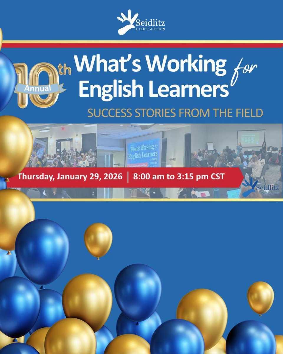 Seidlitz_Ed's tweet image. Why attend #WhatsWorking26?
💙Learn classroom-tested strategies to support ELs
💙Hear directly from educators in the field
💙Gain new resources, renewed energy, &amp;amp; practical takeaways
Our 10th #SeidlitzConf will be our biggest yet! Register today: buff.ly/Yrwhian
