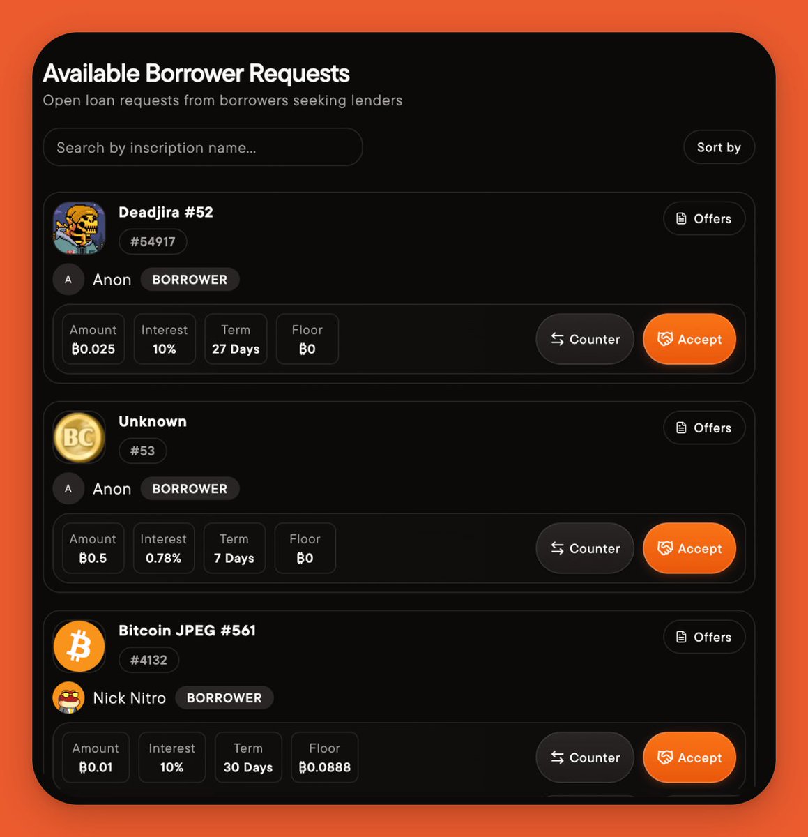 Currently there are 14 active requests in Custom Loans 🔍

Pick the terms. Choose the Ordinals you like. Lend on your own rules.

Check them out now 👇