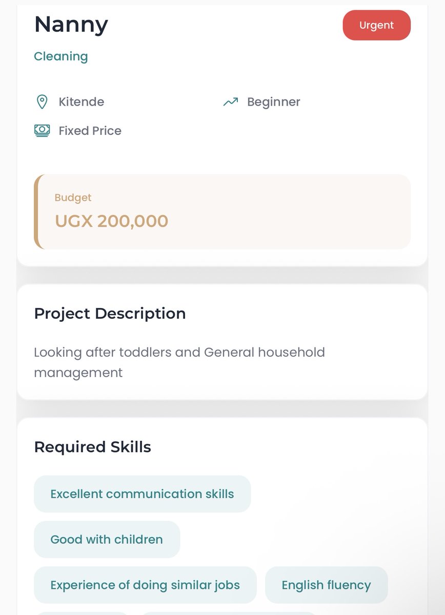 Urgent Nanny Gig in Kitende! 

Apply on ProGigFinder (Download on iOS, Android, or use the web) 
Also, NOW LIVE: Cleaner Booking Feature! Cleaners, create your profile and start getting booked!