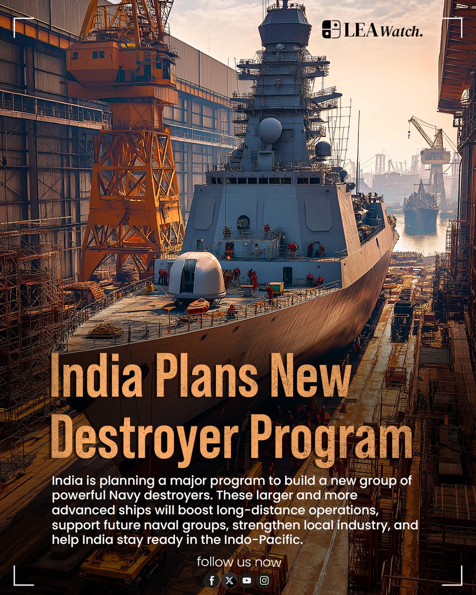 Watch_Lea's tweet photo. India sharpens its defence edge: the Air Force gets more precise long-range strike power with EO-SAAW, while the Navy readies a new destroyer program to boost missions and industry alike. 
#India #Defense #IAF #IndianNavy #EOSAAW #Geopolitics #LEAWatch https://t.co/cbmUapFOSp