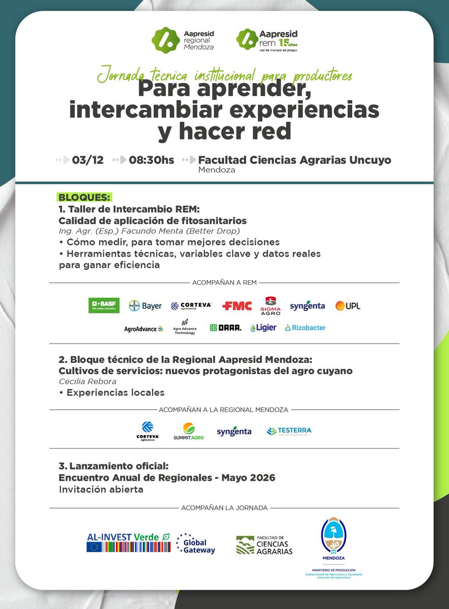 aapresid's tweet photo. 📢 ¡SUMATE A LA PRÓXIMA JORNADA!
Nuestra Regional #Mendoza y Red de Manejo de Plagas te invitan a su próxima jornada técnica para aprender y trabajar en red.

📆 MIÉRCOLES 03/12 - 08:30hs
📍 Facultad Ciencias Agrarias Uncuyo, Mendoza: https://t.co/uVBhUCpaez 

✍🏼 ¡Inscribite! https://t.co/jdaRWdVf8J

¡Te esperamos!  #JuntosSabemosMás 🚀
