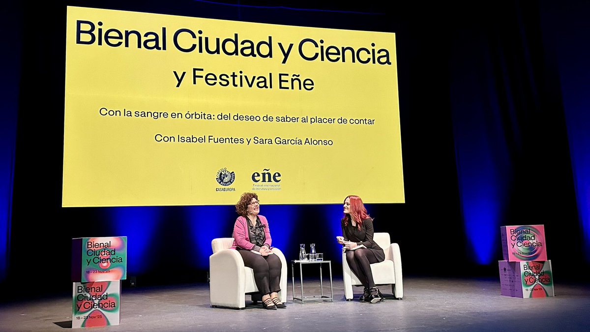 brionesci's tweet photo. Realmente interesante la conversación sobre literatura y ciencia entre #IsabelFuentes y @Astro_SaraG en @cbamadrid, en un acto conjunto entre la #BienalCiudadYCiencia y el #FestivalEñe. https://t.co/QpDPsjawIH