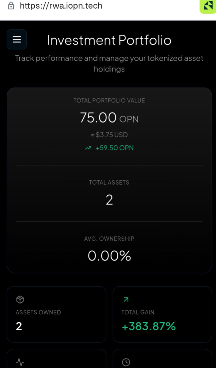 ANegar66922's tweet image. 💎 RWA Magic on @IOPn_io!
$75 OPN portfolio up +59.5% ($3.75 USD) with 2 tokenized assets. Fractional ownership, zero hassle. Sovereign wealth starts here!
#IOPnRWA #TokenizedAssets #Web3