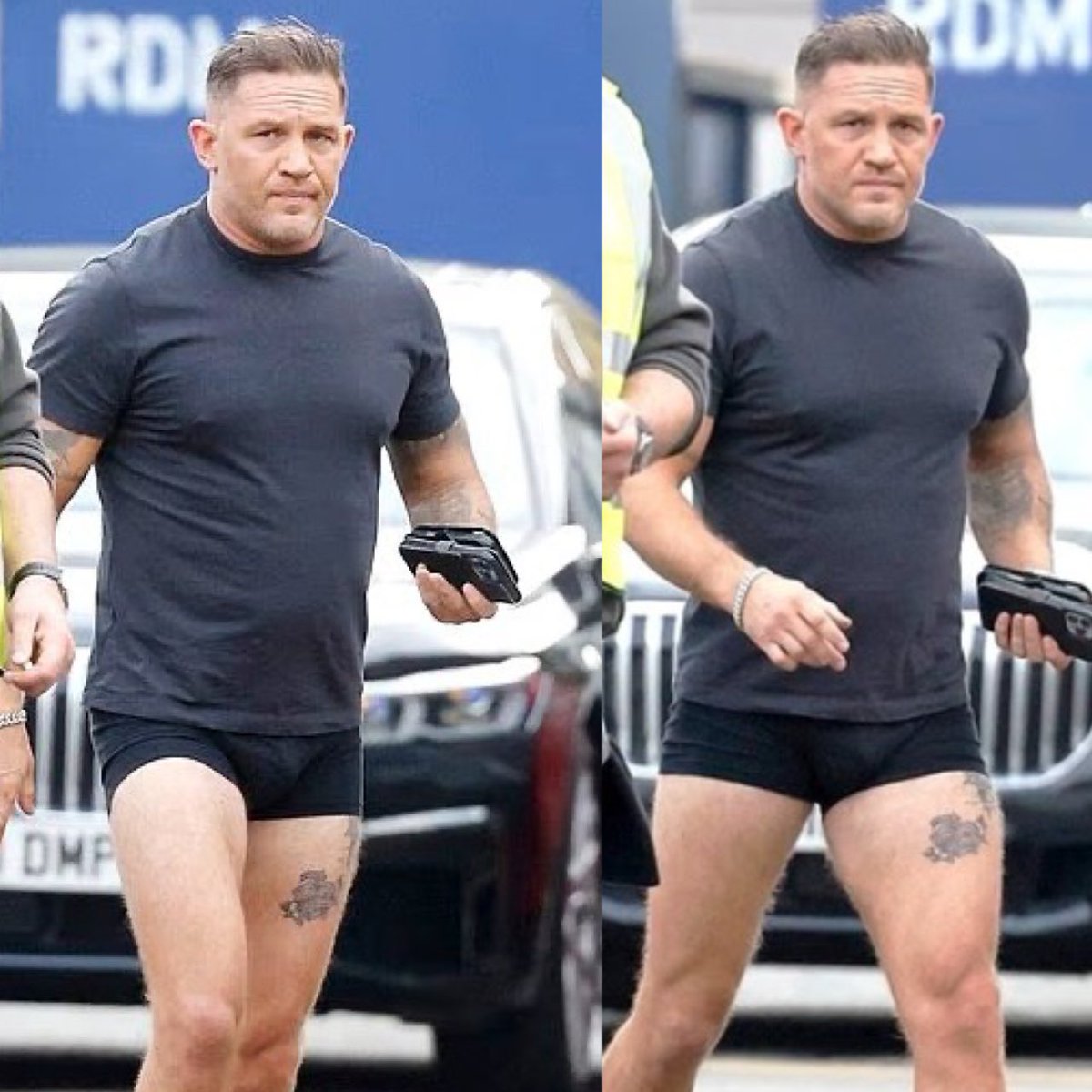 tomhardyeddie's tweet image. Tom Hardy outside with no pants