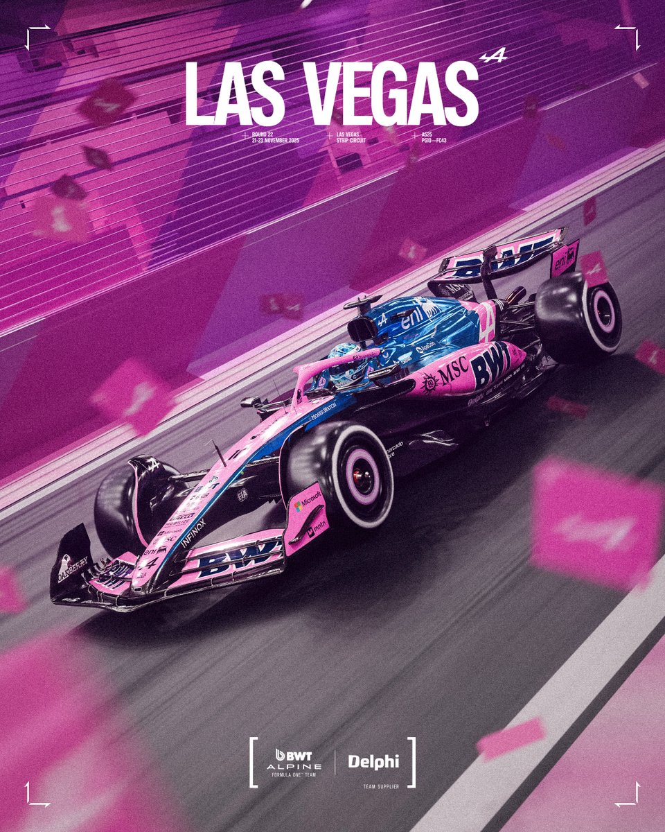 delphiautoparts's tweet image. Vegas vibes activated! 🌟 With @F1 lighting up the Strip, @AlpineF1Team celebrates with a striking new poster inspired by neon contrasts, the glowing track and the team’s unmistakable pink twist. Discover the story behind the design: alpinef1.com/news/behind-th… 🏁💙 #LasVegasGP