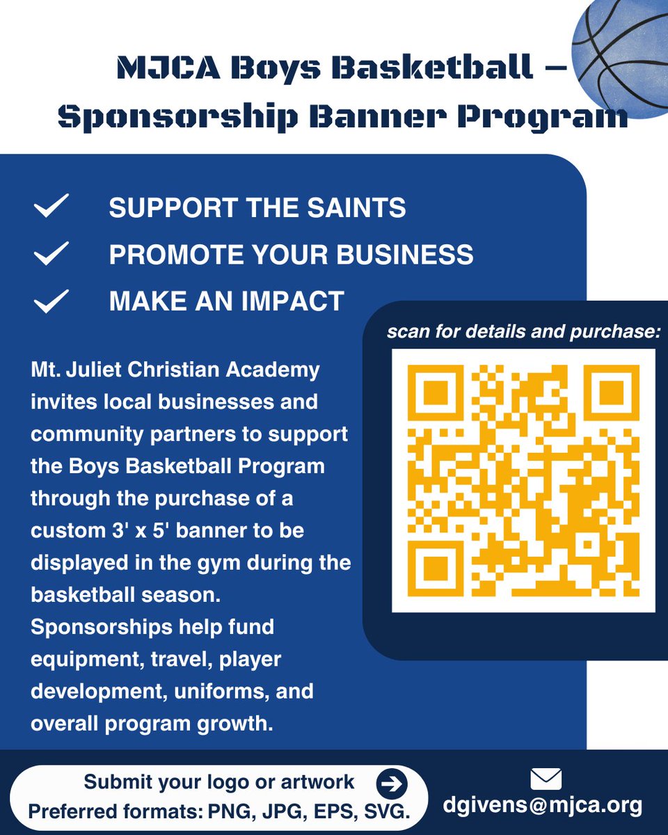 📣 Promote your business and make an impact by sponsoring the MJCA Boys Basketball Program. Your 3'x5' banner will be displayed in the gym all season!
Funds go directly to helping our athletes succeed.
For more info, scan the code or email dgivens@mjca.org! 🏀