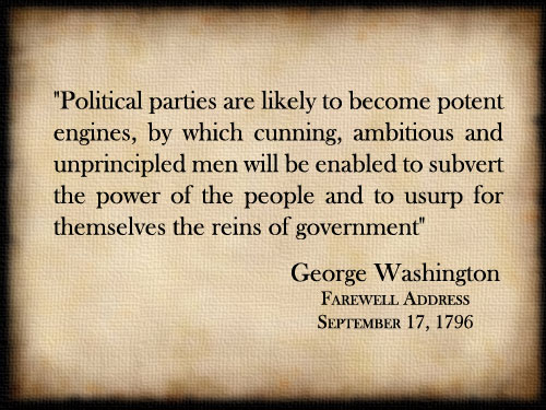 RI7164S's tweet image. In my opinion, sir, the root of the problem can be traced directly to the very political parties George Washington warned us about. 

He cautioned that factions would blind the public, divide the nation, and replace loyalty to country with loyalty to party. 

Today, we are living…
