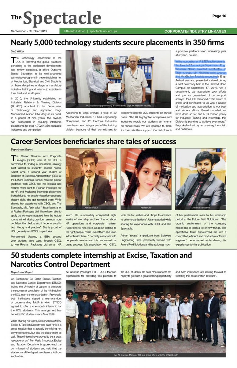 2019, Mr. Waseem Nazar, HoD, Department of Technology, The University of Lahore, awarded me a Commendation Certificate in recognition of my services as Industrial Training Coordinator (ITC). (Highlighted in blue colour)