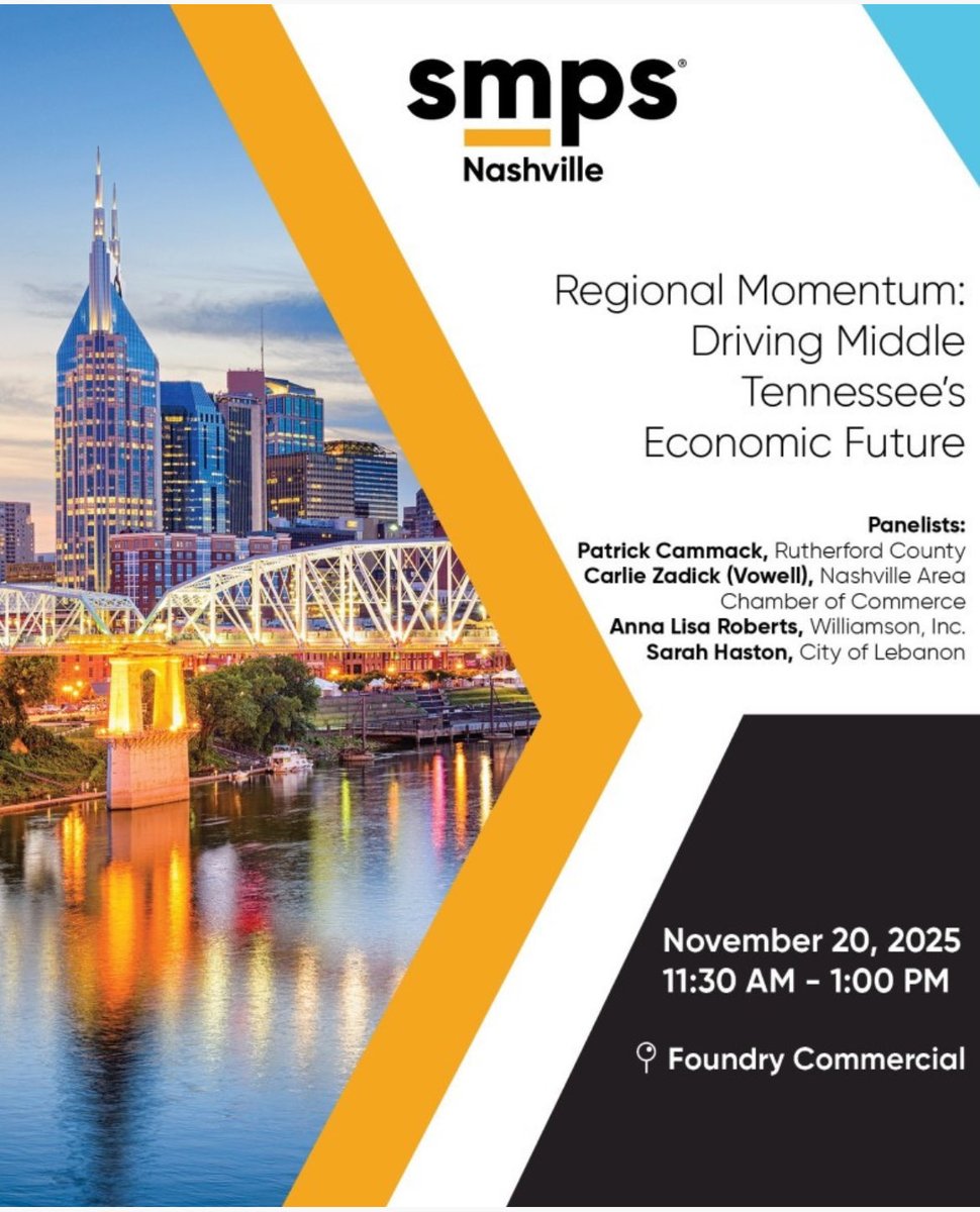 Members of our team joined <a href="/SMPSNashville/">SMPS Nashville</a> today to hear from community economic development leaders from the <a href="/nashchamber/">Nashville Area Chamber of Commerce</a>, <a href="/williamson_inc/">Williamson, Inc.</a>, and the The City of Lebanon about the opportunities and challenges that come along with all the incredible growth happening in Middle TN.