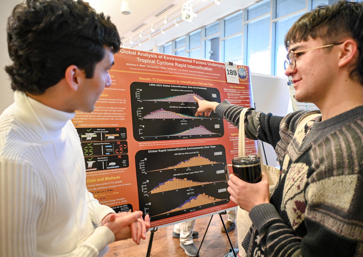 CSUAtmosSci's tweet image. Yesterday&apos;s #GradShow2025 included solid representation from the atmospheric sciences. Students shared their work in an interdisciplinary setting. Delián Colón-Burgos received an honorable mention award of $100 in the category of Great Minds in Research. 
atmos.colostate.edu/2025/11/gradua…
