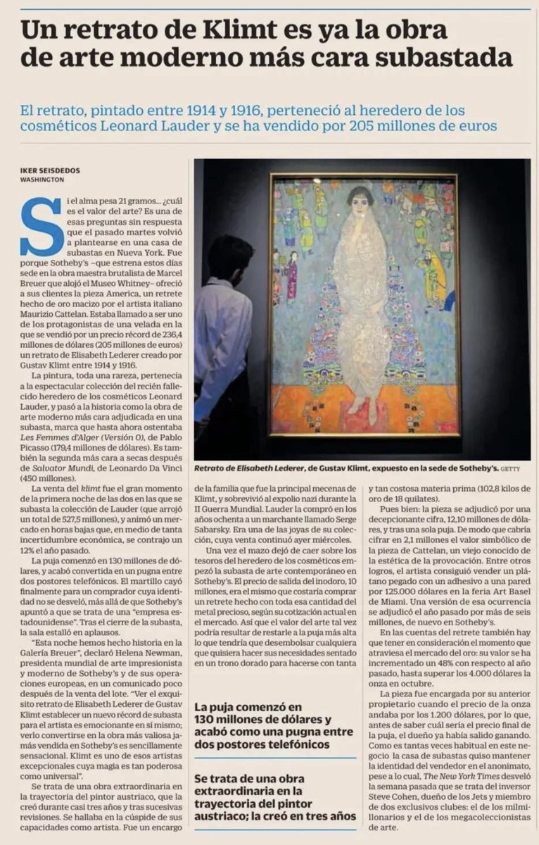 Gustav Klimt arrebata a Picasso el récord del cuadro de arte moderno más caro en una subasta: El retrato de Elizabeth Lederer alcanza los 208 millones de euros en Sotheby´s.