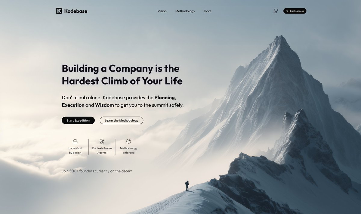 migcarva's tweet photo. The hardest part of our landing page wasn't the design.

It was finding an honest metaphor.

12 angles tried.
2 weeks of empty Figma.
3 hours in Midjourney once we landed on:

"Building a company is like climbing a very big mountain."

False peaks. Altitude sickness. Moments you question the route.

You need Planning, Execution, and Wisdom to summit safely.

Same as climbing. Same as building.

What honest metaphor clicked for you?