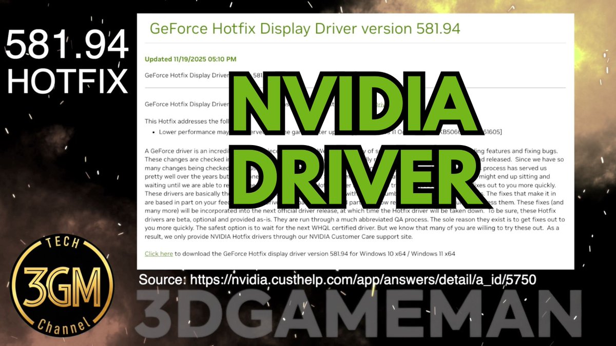 3dGameMan's tweet image. NVIDIA 581.94 HOTFIX Driver youtu.be/g2i4wuaULc8
#NVIDIAHotfix #DriverUpdate #GamePerformance #VRAMLeak #RTX5000 #Windows11 #FPSBoost #GraphicsDrivers #TechFix #GamingIssues #StabilityPatch #PCGaming #Battlefield6 #CS2 #BlackScreensa