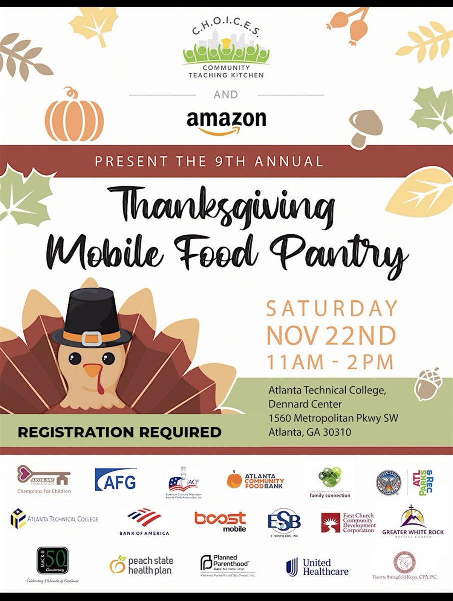 timothyw515's tweet image. CHOICES 9th Annual Thanksgiving Mobile Food Pantry-Amazon

Saturday, November 22nd

Register to receive food at CHOICES 9th Annual Thanksgiving Mobile Food Pantry Presented by Amazon Registration, Sat, Nov 22, 2025 at 11:00 AM 

lnkd.in/em_FTswm

lnkd.in/e7fy3P_6