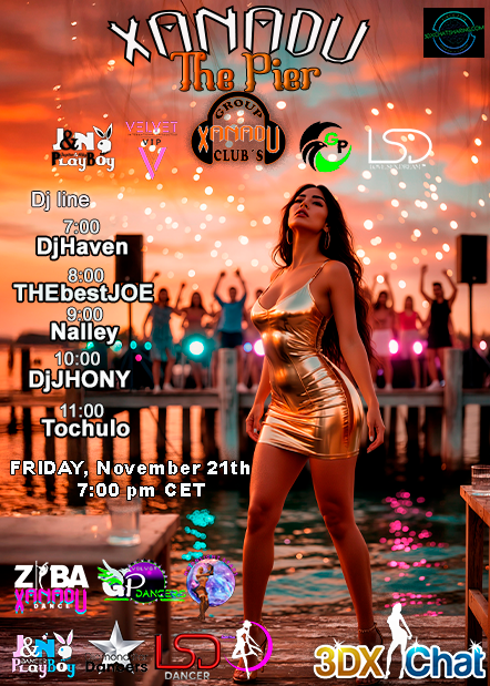 This Friday, November 21st, Xanadu The Pier turns the sunset into pure fire.
Warm lights, wet vibes, bodies moving with the water glow.
Step into the night at 7:00 pm CET and feel the heat rise.
Join the party in 3DXChat @3DXChat.