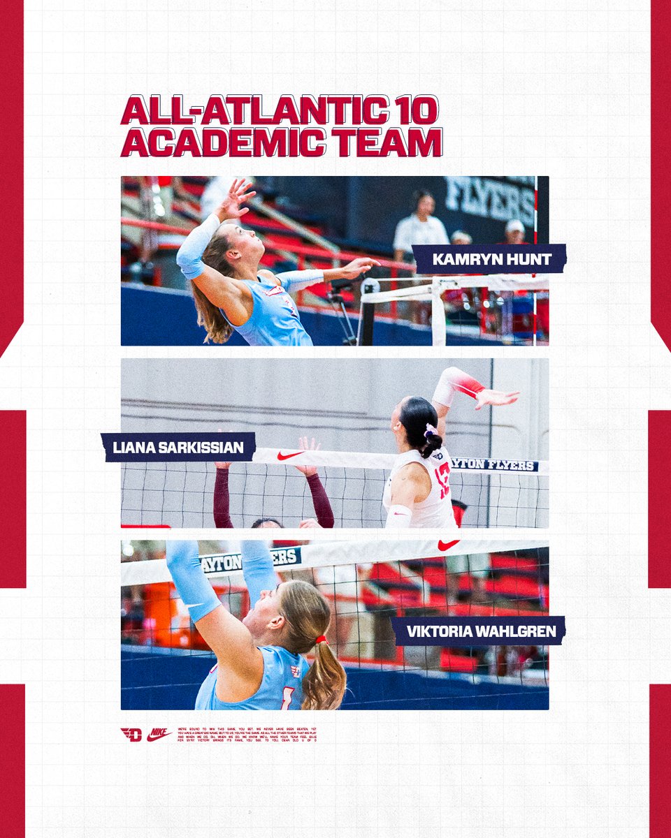 DaytonVB's tweet image. Succeeding on and off the court! 📚

Congratulations to Kamryn, Liana and Viktoria for their selection to the All-Academic Team!

#UDVB // #FlyerLegacy