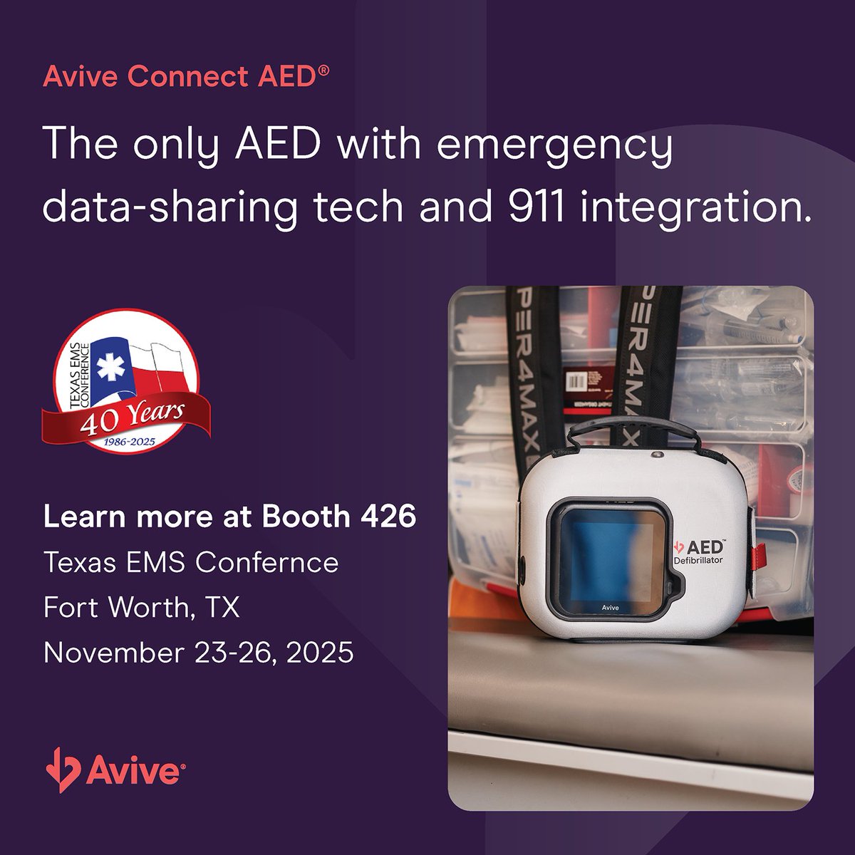 AviveSolutions's tweet image. Avive will be at the Texas EMS Conference at the Fort Worth Convention Center from November 23-26! Join us at Booth 426 to explore how Avive’s emergency data-sharing technology and 911 integration help bridge critical gaps in cardiac arrest care. avive.life/fire-and-ems