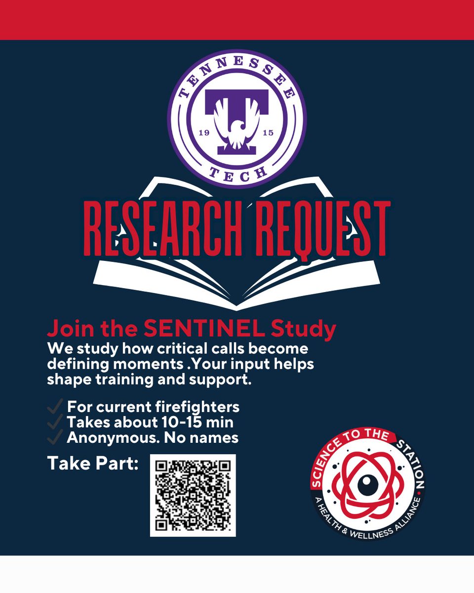 We’re helping our friends at Tennessee Tech University get the word out about the SENTINEL Study — exploring how critical calls become defining moments for firefighters.

✔ For current firefighters ✔ 10–15 min ✔ Anonymous

Take part: tntech.co1.qualtrics.com/jfe/form/SV_0e…
