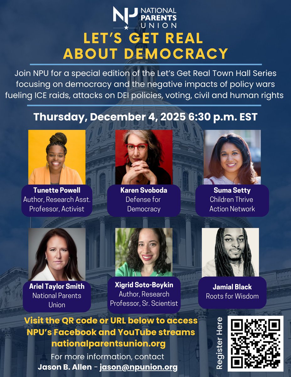 Join our powerful lineup to talk about the policy battles shaping our lives. What do these attacks mean for families, and what can we do together? Find out Thurs., 12/4 at 6:30 PM at our next Town Hall: Let’s Get Real About Democracy. 

Register Here: tinyurl.com/mr2vynr9
