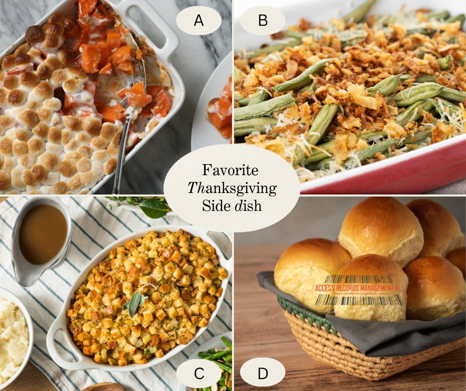 AccessRecordsS's tweet image. With Thanksgiving Next Week, let's Weigh in on your Favorite Side Dish. You Can Only Pick One! 
#HappyThanksgiving #SweetPotatoCasserole #GreenBeanCasserole #Stuffing #Rolls  #PaperShredding #RecordsStorage