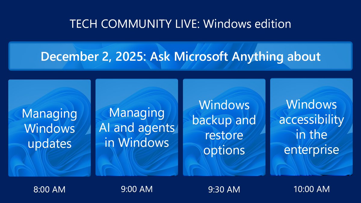MSWindowsITPro's tweet image. Have questions after #MSIgnite? Join us Dec. 2 for Tech Community Live with engineering teams across Windows and Intune.

📆 Save the date: msft.it/6014tT9gA