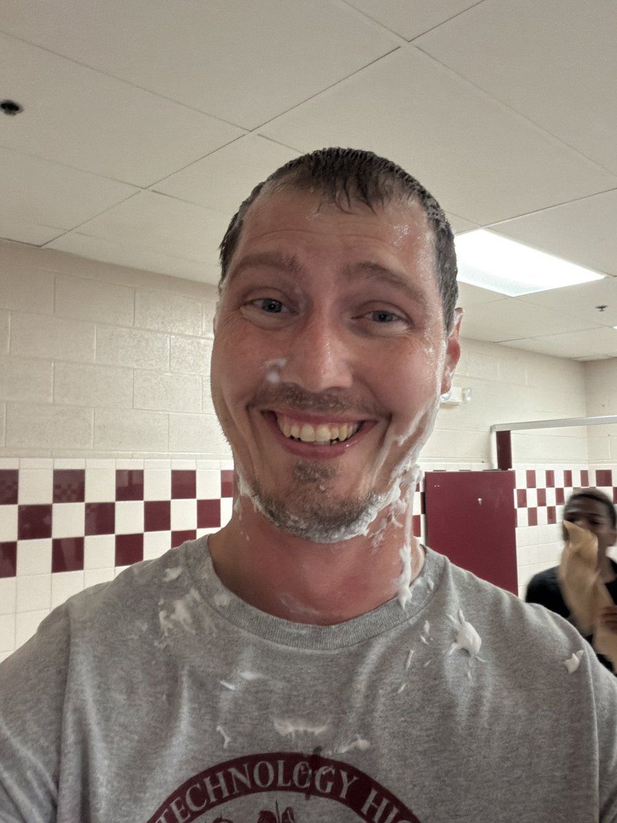 Allen_m's tweet image. Before and after a pep rally where we got pied with shaving cream. #TechPride