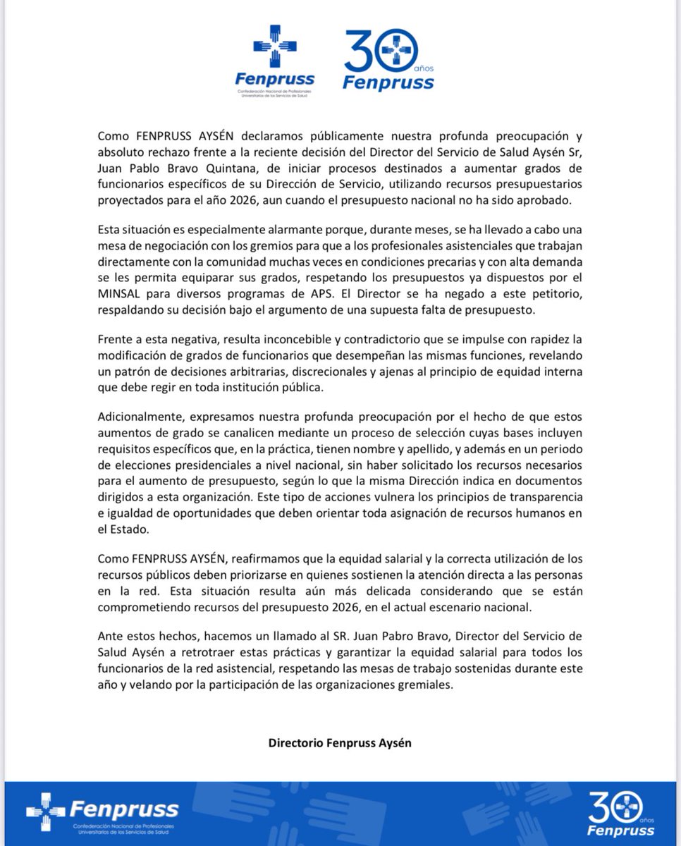 #ComunicadoPublico🔵 Fenpruss Aysén manifiesta su descontento concursos irregulares por parte del Servicio de Salud Aysén.  <a href="/Fenpruss/">Confederación Fenpruss</a> <a href="/ministeriosalud/">Ministerio de Salud</a> <a href="/SaludAysen/">SaludAysen</a> <a href="/Cutchile/">CUT Chile ✍️🗳</a>