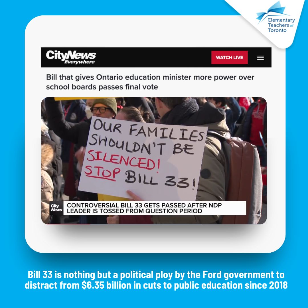 ElemTeachersTO's tweet image. #Bill33 is not just &quot;controversial&quot; - it&apos;s a political ploy. @fordnation &amp;amp; @paulcalandra have been underfunding public education for years. This is a power grab - plain and simple. 

Read the full story at CityNews now toronto.citynews.ca/2025/11/19/bil…