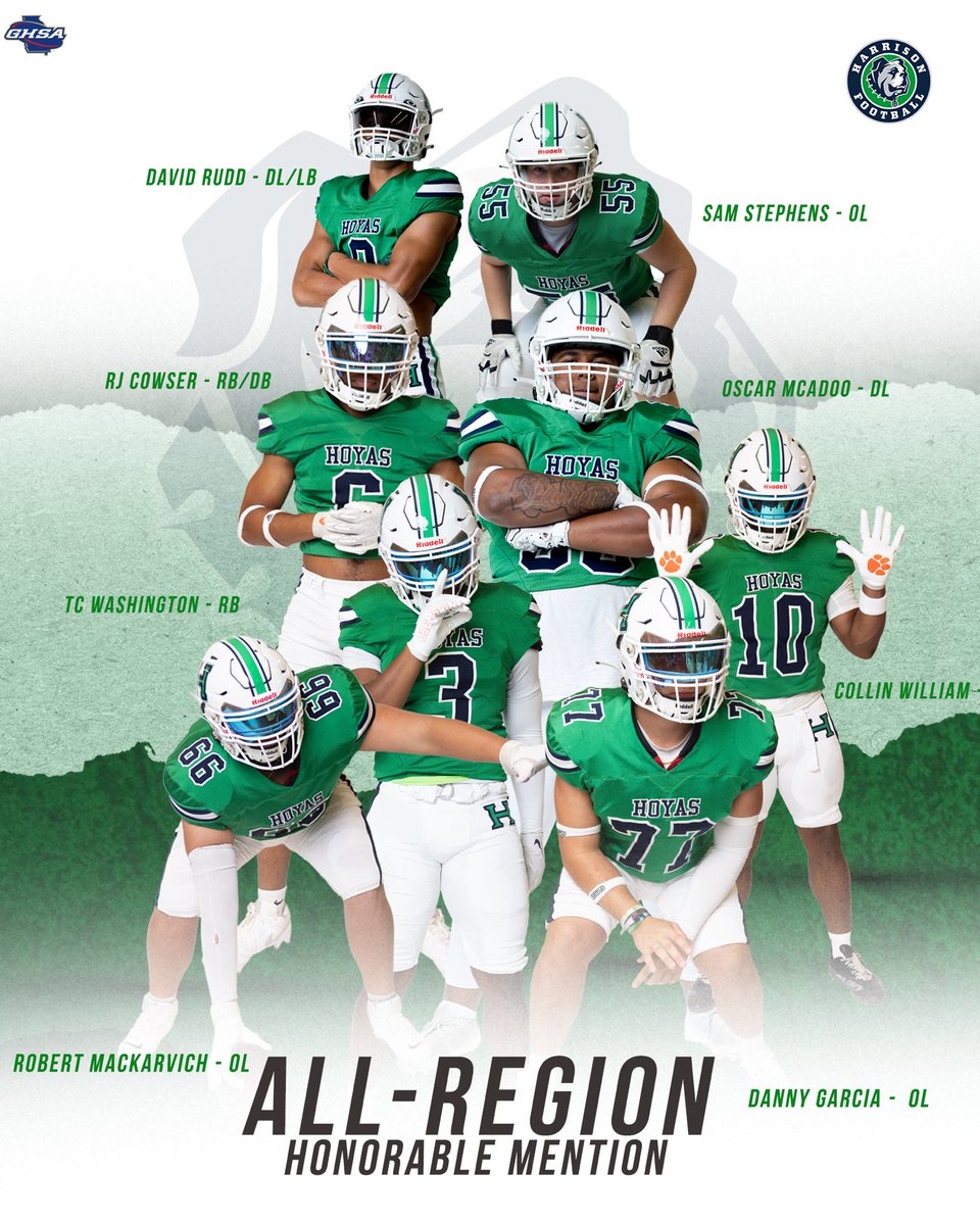 Congratulations to our All-Region 3-6A Honorable Mention Hoyas! 
Oscar McAdoo - DL
Sam Stephens - OL
Collin William - RB
RJ Cowser - DB/RB
Danny Garcia - DL
TC Washington - RB
David Rudd - DL/LB
Robert Mackarvich -OL
