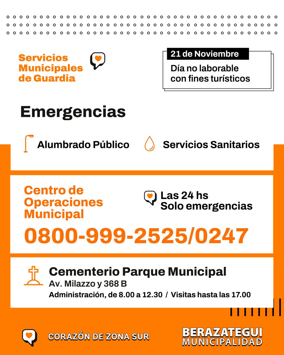 MuniBerazategui's tweet image. Estos son los servicios municipales de guardia mañana (viernes 21/11), día no laborable con fines turísticos.
#Berazategui #BerazateguiCorazónDeZonaSur