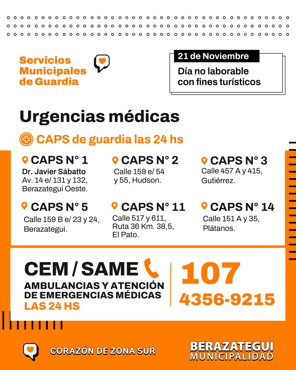 MuniBerazategui's tweet image. Estos son los servicios municipales de guardia mañana (viernes 21/11), día no laborable con fines turísticos.
#Berazategui #BerazateguiCorazónDeZonaSur