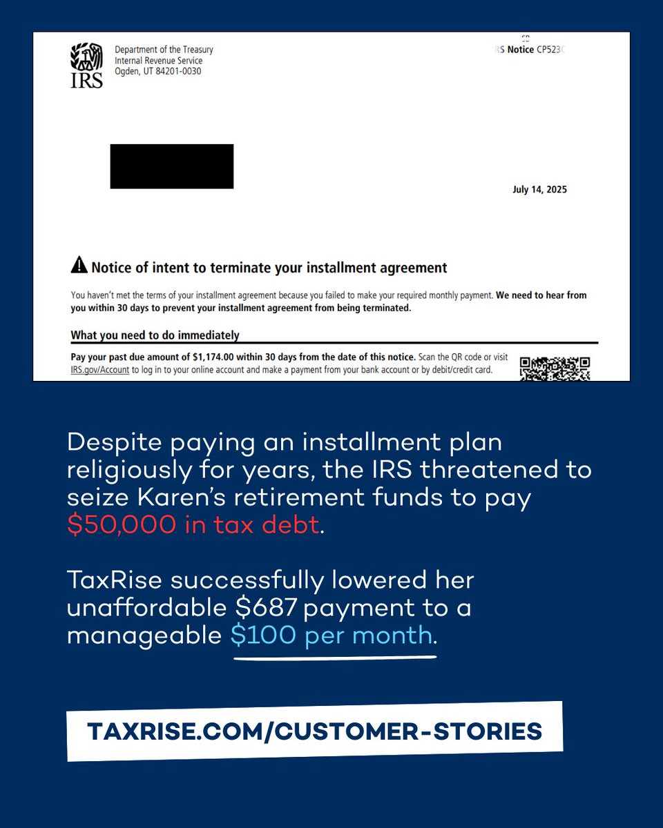 TaxRise's tweet image. At 66, unemployed, and relying on Social Security, Karen could barely cover basic bills — let alone a large tax bill. TaxRise stepped in and made sure she didn’t lose the savings she worked for her whole life.

#taxrelief #taxresolution #testimonial #IRShelp