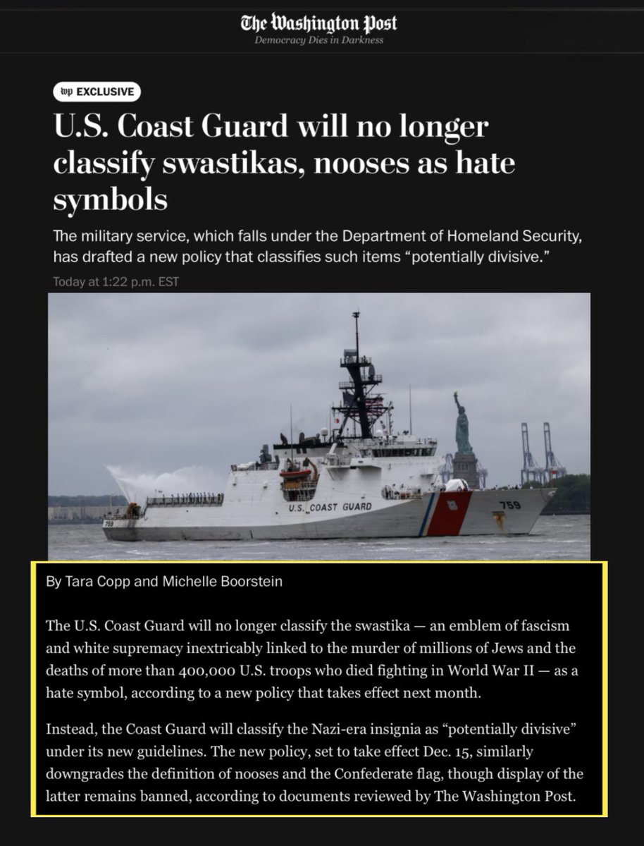 cwebbonline's tweet image. Insanity‼️

The Coast Guard under Trump’s DHS is downgrading swastikas, nooses, and Confederate flags to “potentially divisive” instead of hate symbols, even with their violent history.