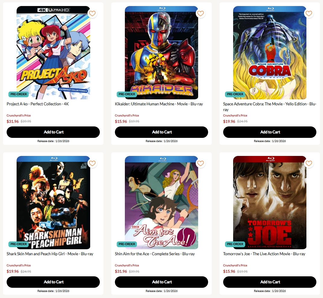 WTK's tweet photo. Discotek Media - 1/27 https://t.co/UHP3tlBCFy

- Project A-Ko Perfect Collection 4K UHD
- Shin Aim for the Ace BD
- Space Adventure Cobra  Movie - Yello Edition BD

- Kikaider Ultimate Human Machine BD
- Shark Skin Man and Peach Hip Girl BD
- Tomorrow's Joe Live-Action Movie BD https://t.co/aU9ccEwsAZ