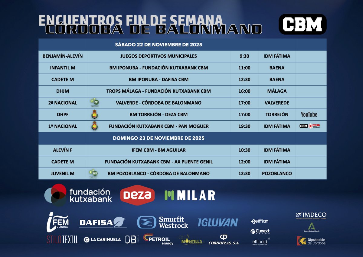 🗓️ #PlanningCBM
Programación para nuestros equipos durante el fin de semana. 9⃣ encuentros más la jornada liguera Benjamín-Alevín de los Juegos Deportivos Municipales, que acogeremos en Fátima todo el sábado por la mañana. ¡Suerte a todos! #FactoríaCBM #GuerrerasGranates