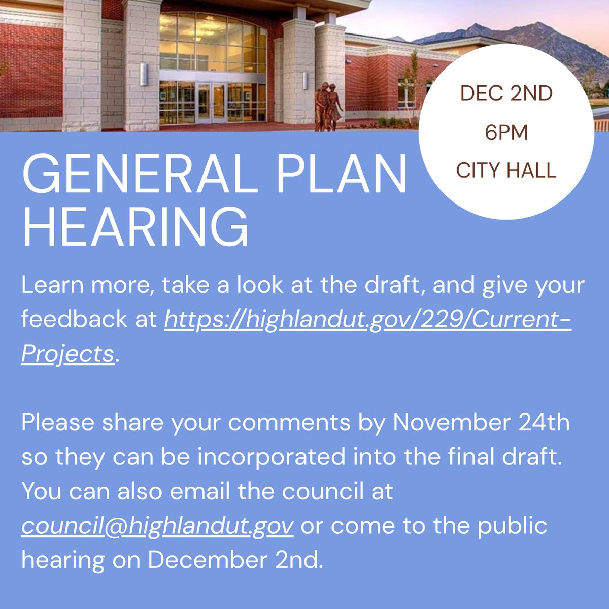 The City has been working for the past year and a half on updating the City's General Plan. Learn more, take a look at the draft, and give your feedback at highlandut.gov/229/Current-Pr…. Please share your comments by November 24th so they can be incorporated into the final draft.