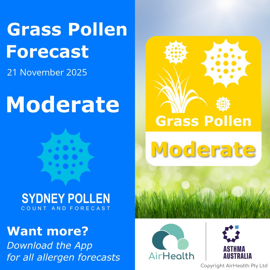 SydneyPollen's tweet image. #Sydney (Campbelltown) grass #pollen forecast for today (Friday, Nov 21) is Moderate. Get the App for more pollen forecasts: airhealth.short.gy/sydney_pollen

Powered by AirHealth, supported by @AsthmaAustralia.