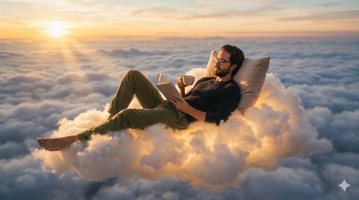 Person relaxing on glowing cloud above the sky - Image 1