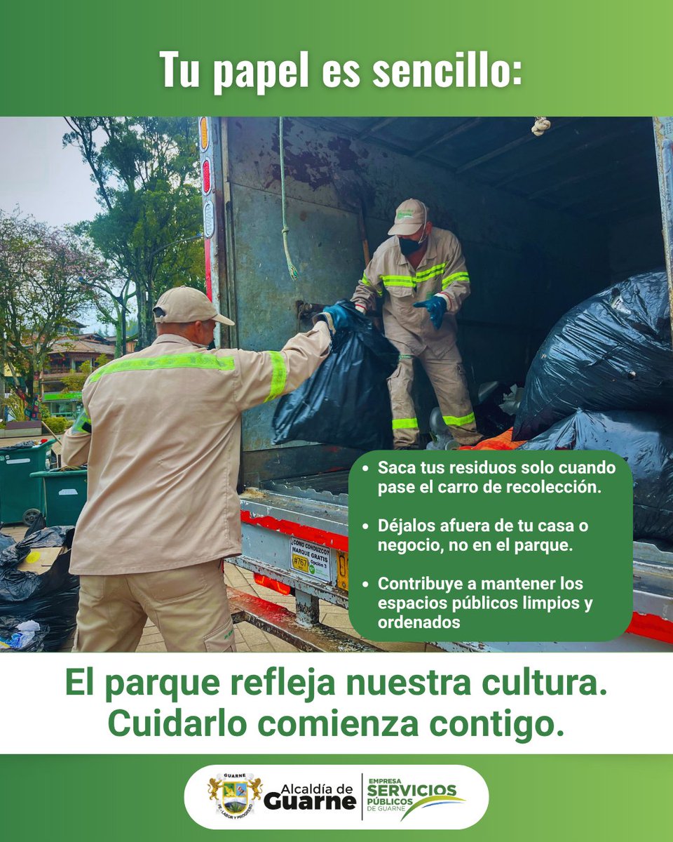 e_guarne's tweet photo. ♻️ La cultura ciudadana empieza por cada uno.

En el parque principal contamos con papeleras para residuos mínimos, NO para sacar los residuos de tu hogar o negocio.

👉 Recuerda: Saca tus residuos únicamente cuando pase el carro recolector.
🌿 Cuidar Guarne es tarea de todos. https://t.co/hiQNX6n31F