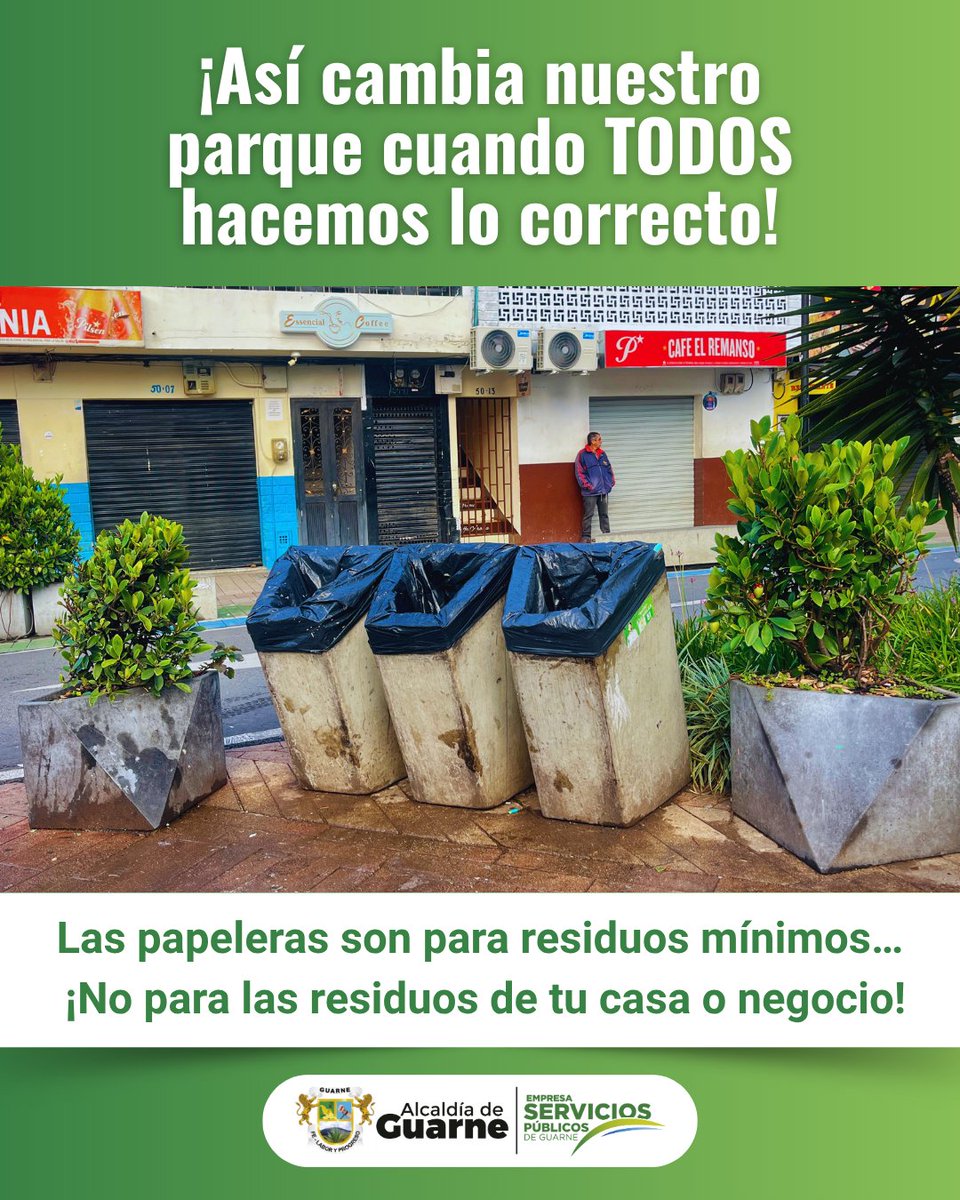 e_guarne's tweet photo. ♻️ La cultura ciudadana empieza por cada uno.

En el parque principal contamos con papeleras para residuos mínimos, NO para sacar los residuos de tu hogar o negocio.

👉 Recuerda: Saca tus residuos únicamente cuando pase el carro recolector.
🌿 Cuidar Guarne es tarea de todos. https://t.co/hiQNX6n31F