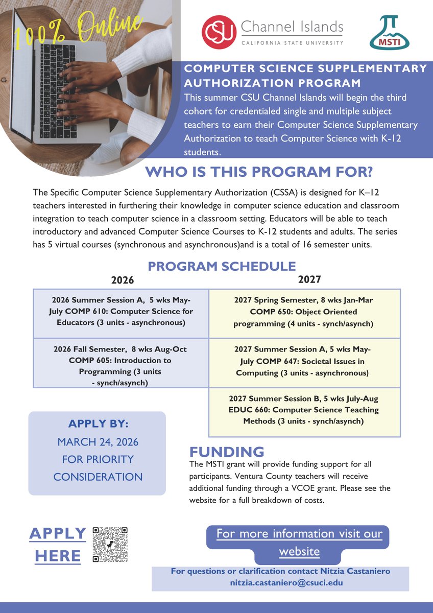 🚀 Apply now for our online Computer Science Supplementary Authorization program!

💻 Priority deadline: 3/24/26
🌞 Classes start Summer 2026
Learn more 👉 tinyurl.com/CSUCIMSTI

#STEM #VCOE #TeacherTraining #CSUCI