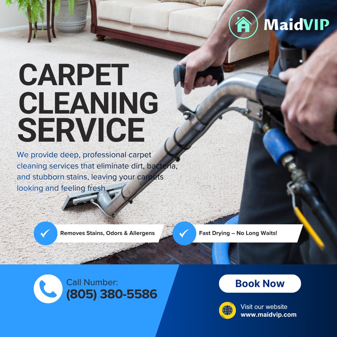 MaidVIP's tweet image. Tired of stains &amp;amp; dull carpets? 🧼
 Maid VIP – Premier Carpet &amp;amp; Rug Cleaning Services in Southern California lifts deep dirt, brightens fibers &amp;amp; leaves your home smelling fresh!
📞 Book now: (805) 380-5586
Check out more: maidvip.com/services/carpe…