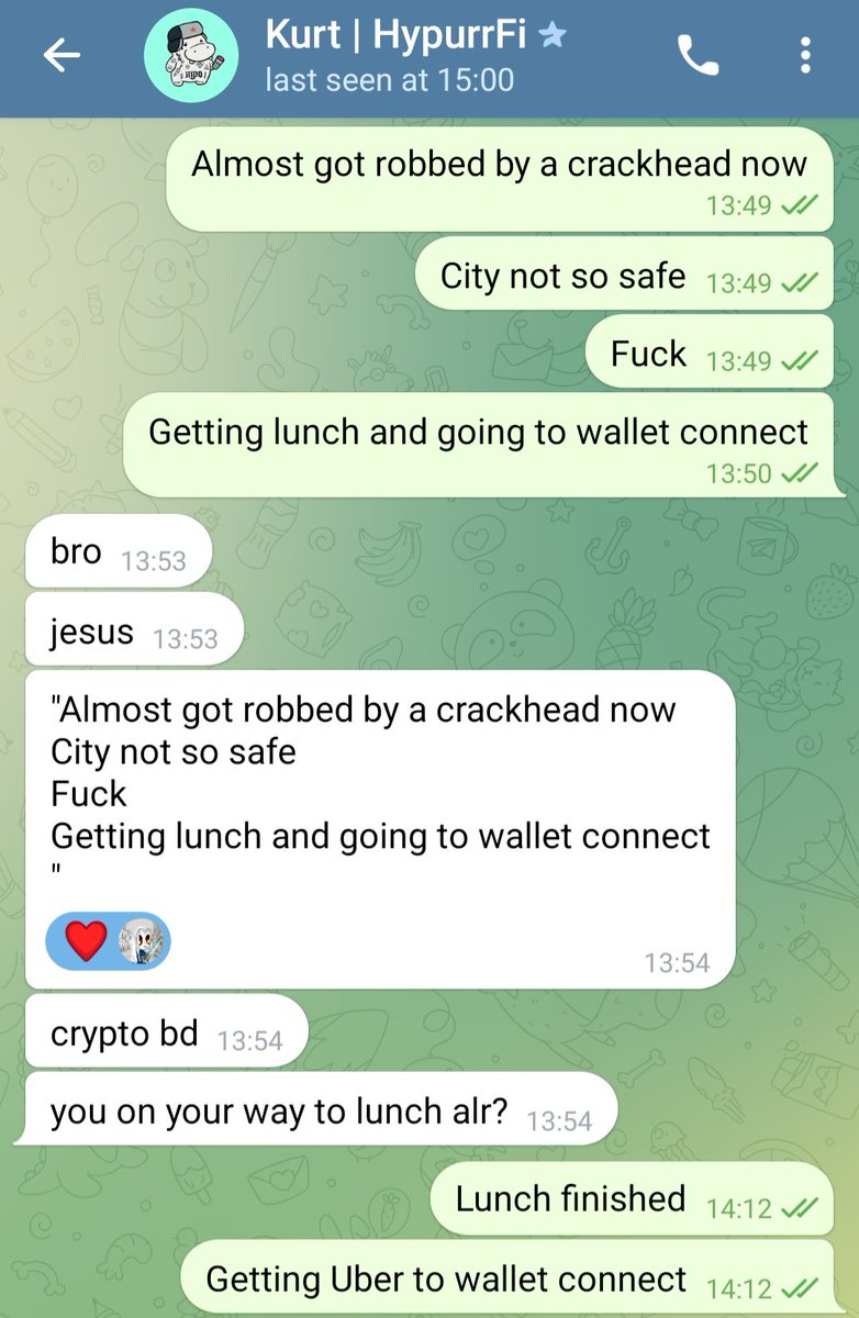 0xjnsimoes's tweet image. Bros at #devCon be careful out there. Just got a crazy crackhead guy coming at me near a sidewalk in Buenos Aires, pushed me and tried to pickpocket me. I pushed him back and runned away. Stay safe!
Thanks Kurt @HypurrFi for the support. The hustle for @Hyperwavefi continues! 🤝