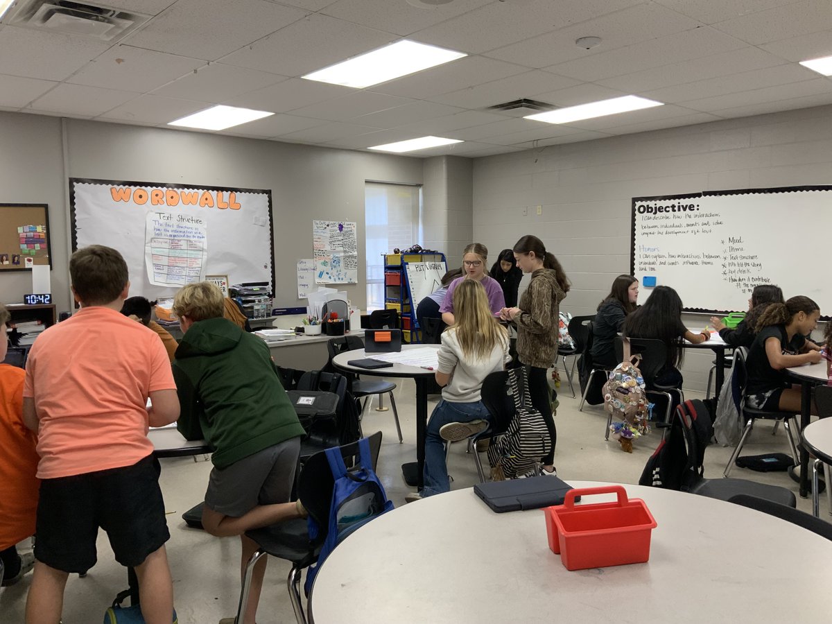 wms71671's tweet image. Students are working together to analyze stories by identifying theme and mood, listing key story elements, and explaining how the author’s structural choices shape the text. They are also describing how they interpret choices and their impact on the story’s overall structure.