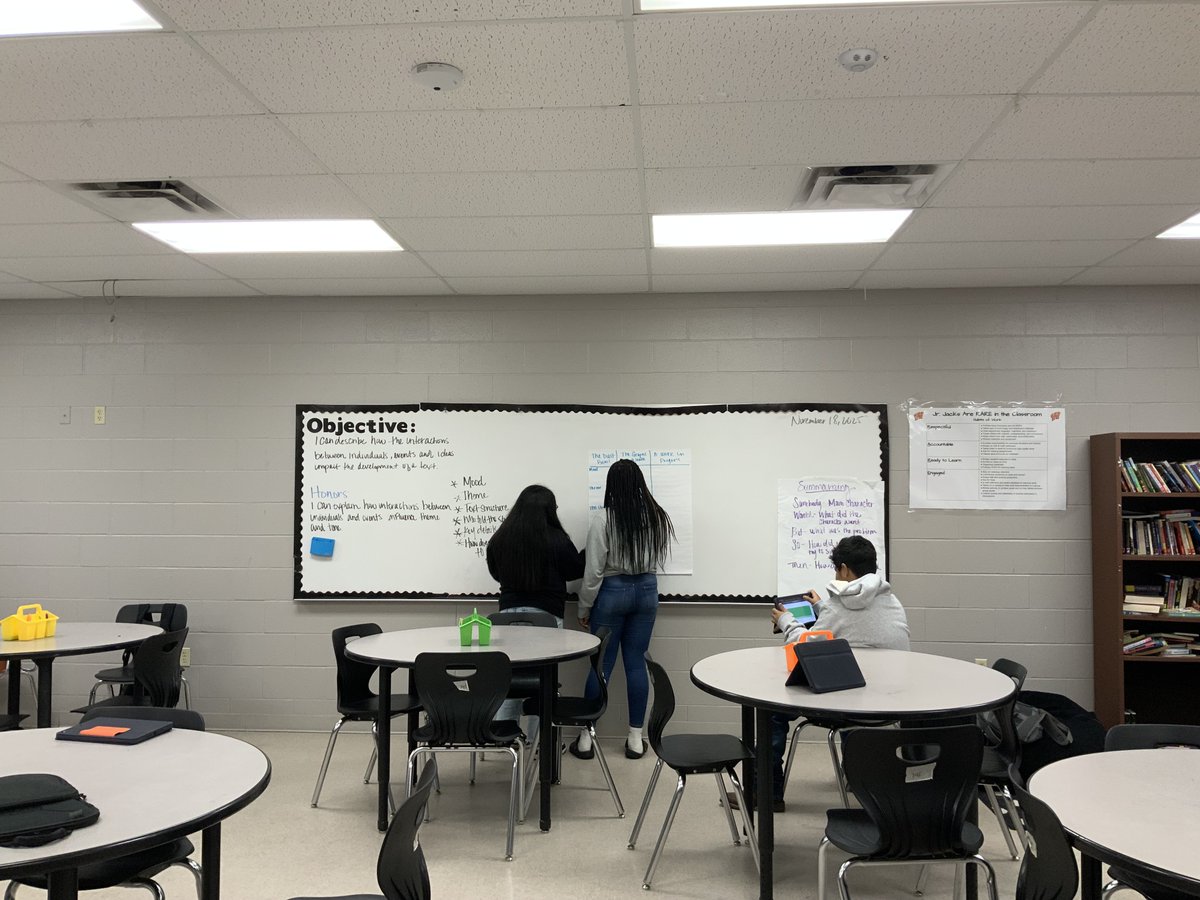 wms71671's tweet image. Students are working together to analyze stories by identifying theme and mood, listing key story elements, and explaining how the author’s structural choices shape the text. They are also describing how they interpret choices and their impact on the story’s overall structure.